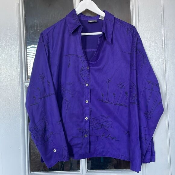 Chicos purple vintage animal print drawing button down collared shirts blouse - Picture 1 of 13